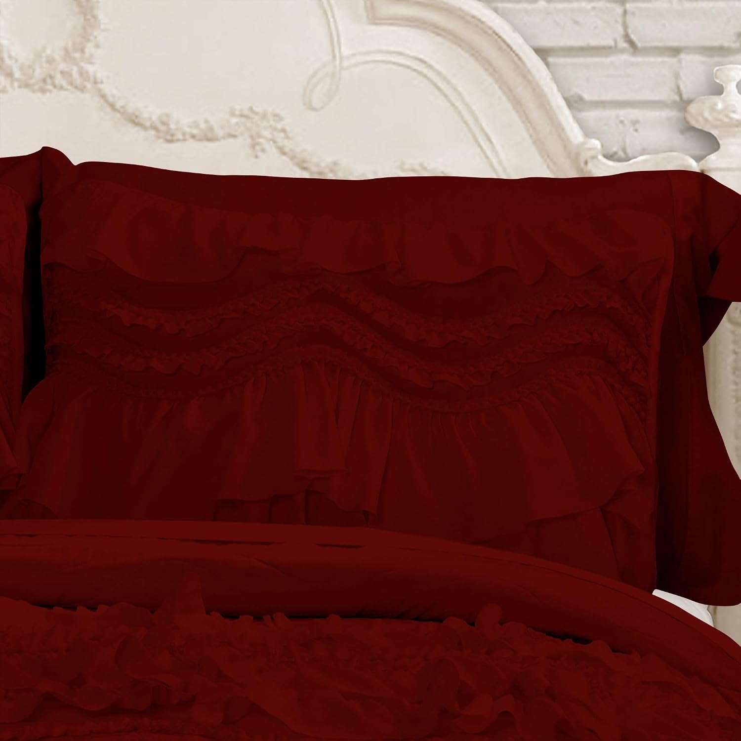 100% Egyptian Cotton, 550 GSM Microfiber Filled Quilt Ruffled Textured 3 Piece Full/Queen Size Comforter Set, Burgundy