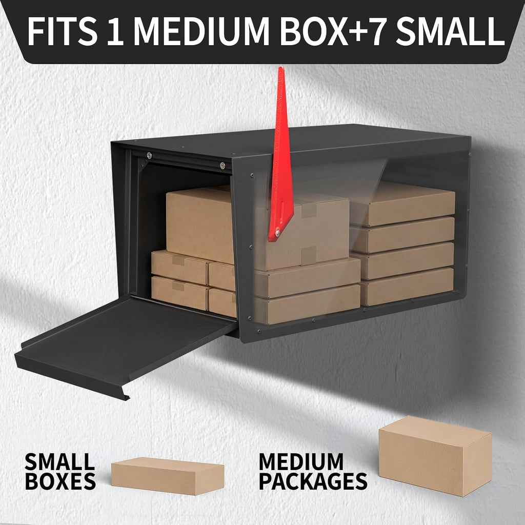 Modern Post-Mounted Mailbox, Heavy Duty Mailbox with Flag, Weatherproof Mailboxes for Outside Galvanized Steel and Rust-Proof Metal Post Box, 20' x 10' x 10' Large Black Heavy Gauge Mailbox