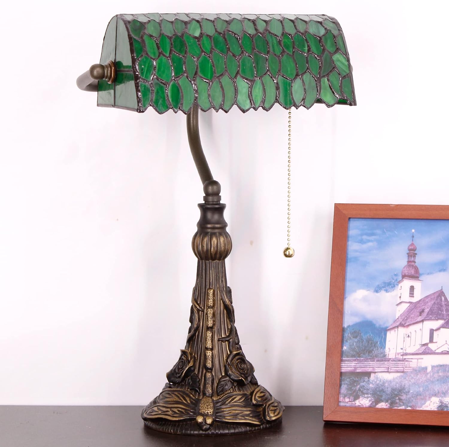 Tiffany Banker Lamp Small Stained Glass Table Lamp Tiffany Style Piano Light Green Wisteria Leaf Style Desk Lamp Angle Adjustable 10.6X15.7 Inch for Home Office Living Room Bedroom