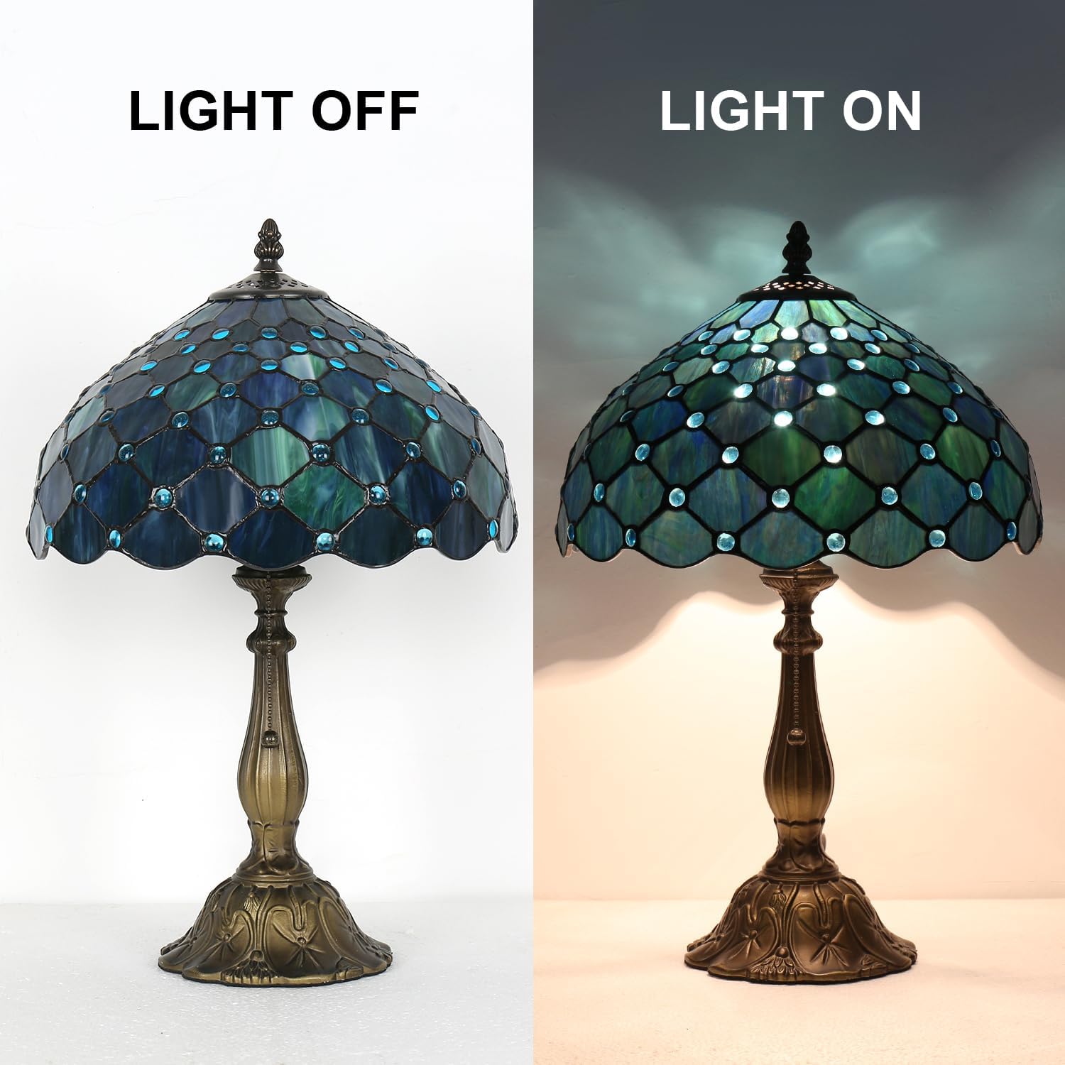 Tiffany Style Table Lamp,Sea Blue Pearl Table Lamp,12X12X19 Inch Tiffany Reading Light, Antique Glass Desk Decor Lamp.