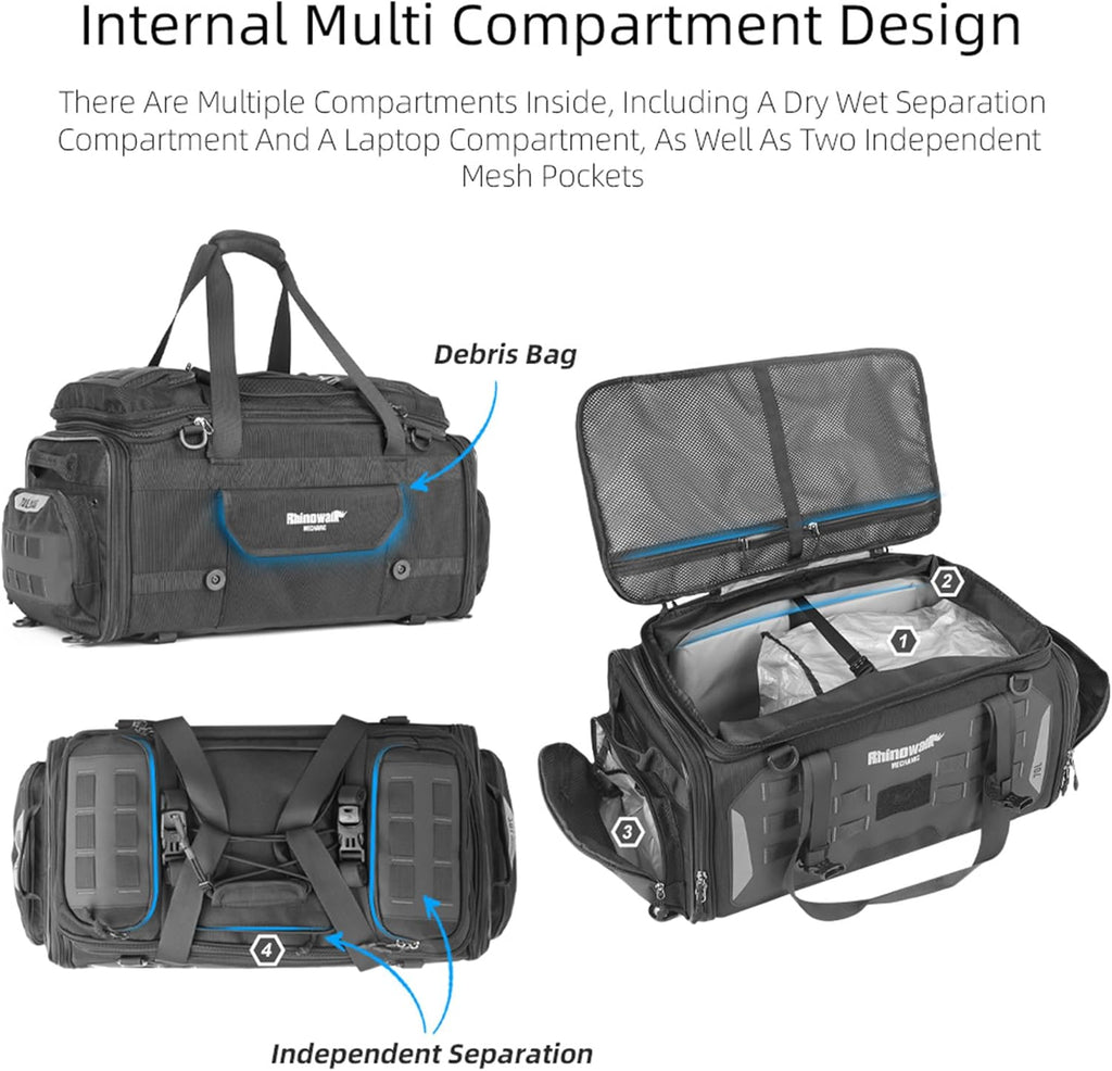Rhinowalk Motorcycle Tail Bag - Expandable 50-70L Travel Luggage, Sport Saddle Bag, Waterproof Helmet Bag with Rain Cover, Backpack & Molle System-Black