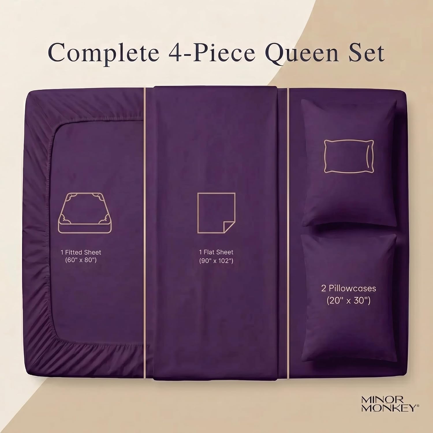 100% Egyptian Cotton Queen Size Sheets - 4 Piece Bedsheet Set Soft Breathable & Cooling Sheets for Queen Size Bed - Elasticized 16' Deep Pocket Sheet Set (Plum)