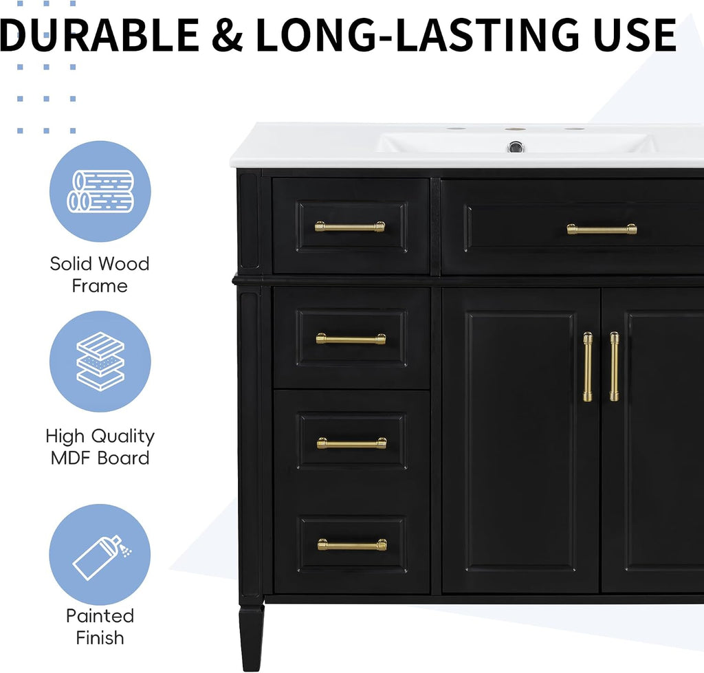 Harper & Bright Designs 36' Bathroom Vanity with Sink, Free Standing Bathroom Vanity Set with Flip Drawer, 3 Drawers, and Adjustable Shelf, Wood Storage Cabinet with Ceramic Basin for Bathroom, Black