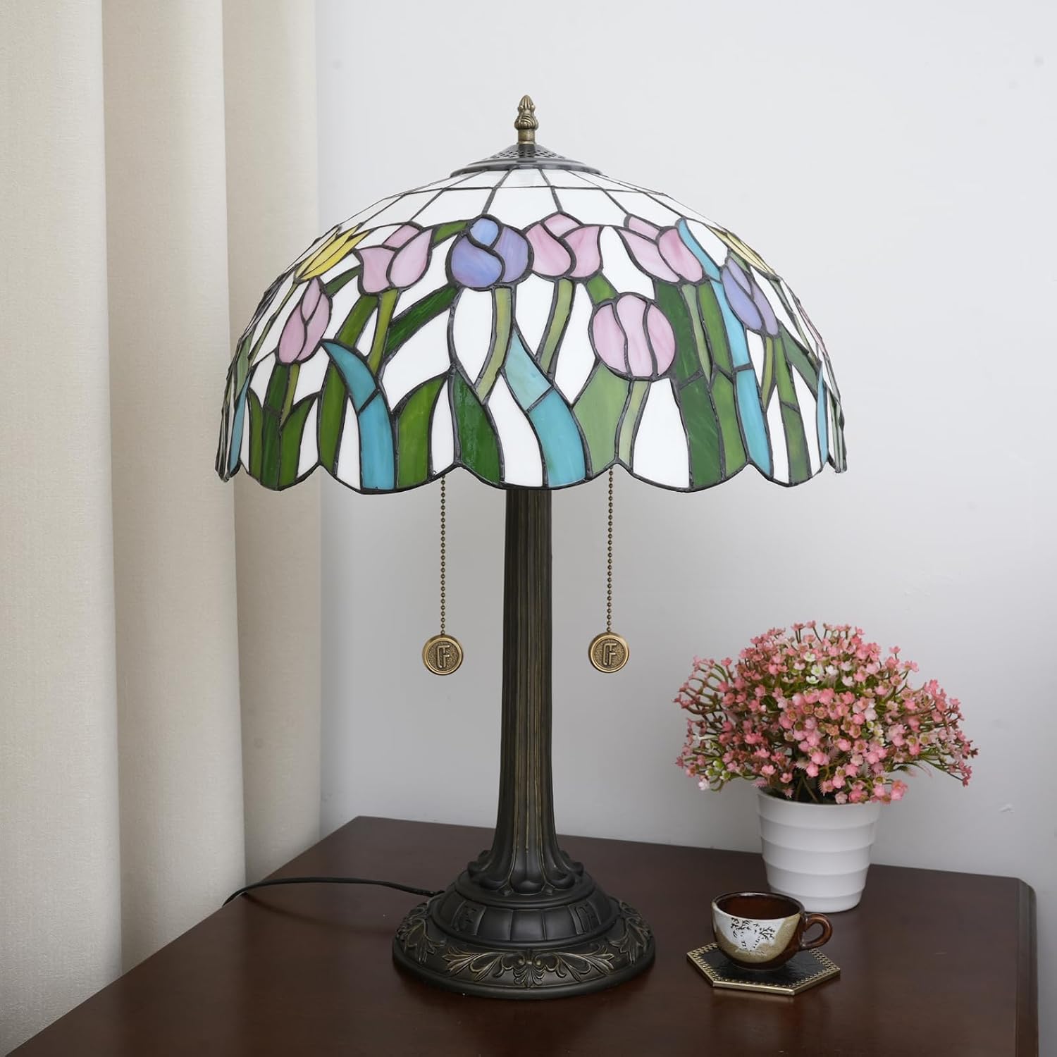 Tiffany Lamp Pink Yellow Tulips Stained Glass Table Lamp 16 inch Large Desk Light Antique Beside Reading Lamp for Home Living Room Bedroom Office