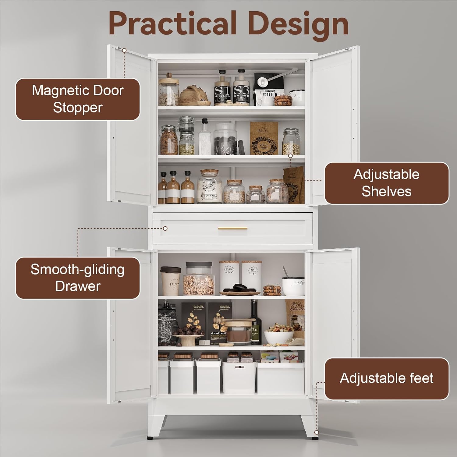 Metal Storage Cabinet, 71' Tall Kitchen Pantry Cabinets, Steel File Cabinet with 4 Doors & Adjustable Shelves and Drawer for Kitchen, Dining Room, Living Room, Bathroom