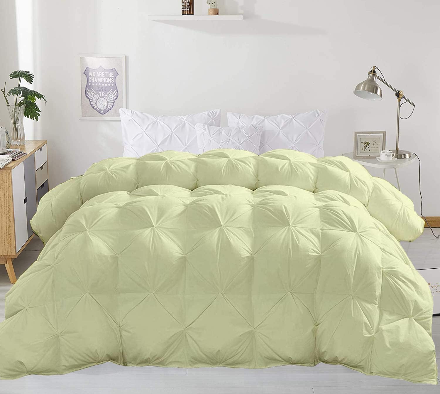 Eco Friendly 1000-TC Pinch Pleated Down Alternative Comforter 1pc Comforter & 2 pcs Pillow Covers, 700 GSM & All Side Corner Tabs 100% Egyptian Cotton (Oversized Queen Size (98' x 98'), Ivory)