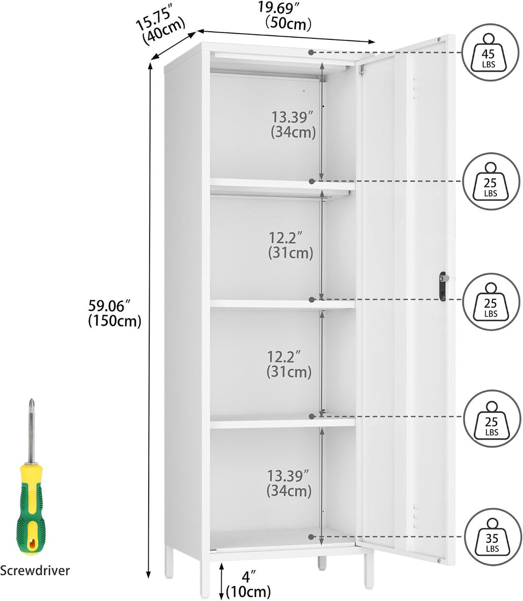 Steehoom Metal Locker Cabinet with Lock, Steel File Locker with Door and 3 Adjustable Narrow Storage Cabinet Shelves 59.06-inch high for School, Living Room, Bedroom, Office (White, H59.06'')
