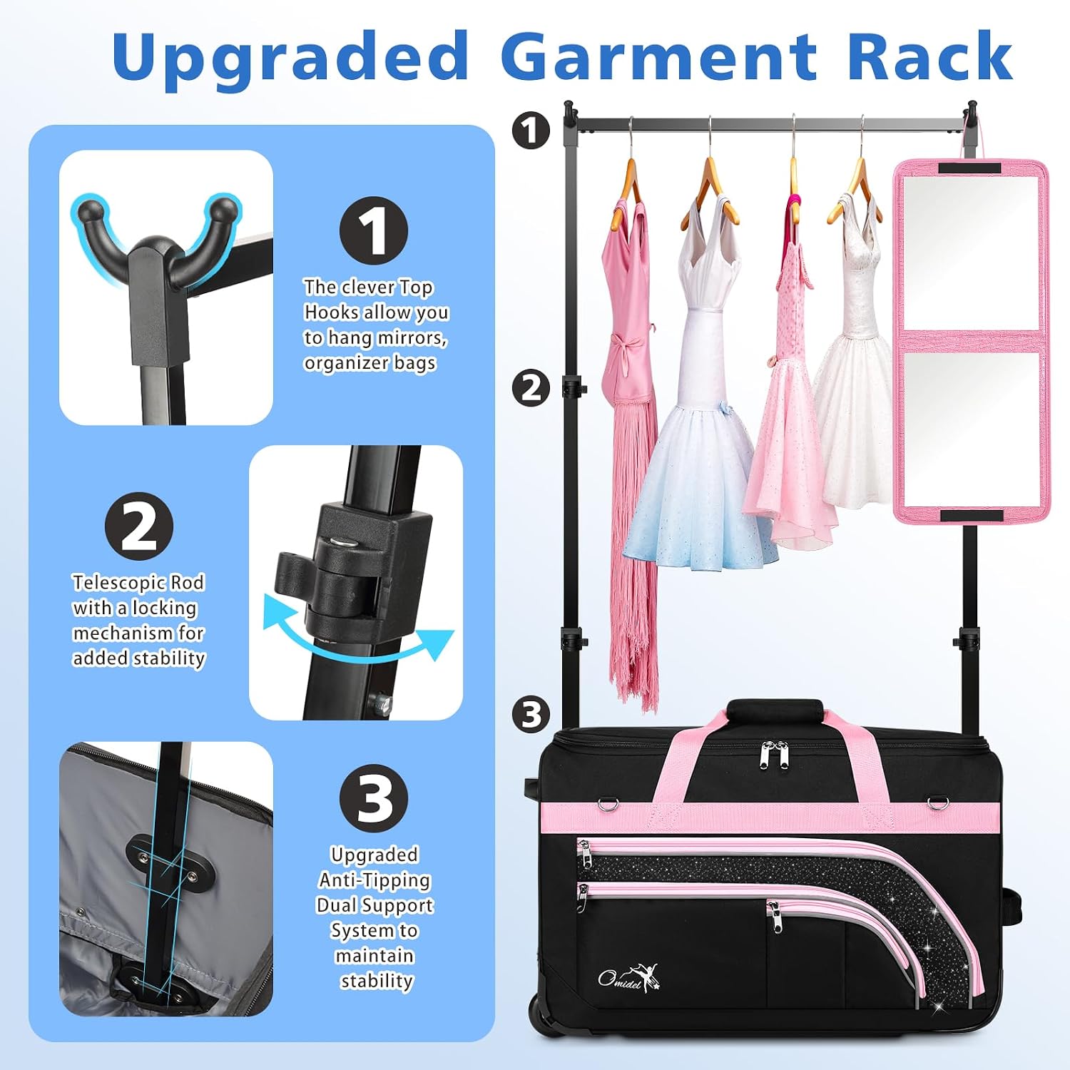 Dance Bag with Garment Rack, 28' Rolling Dance Suitcase Competition Duffle Bag with Garment Rack & Wheels | Versatile Compartments, Upgraded Stable System for Dance Shows, Travel, Cheer, Recital