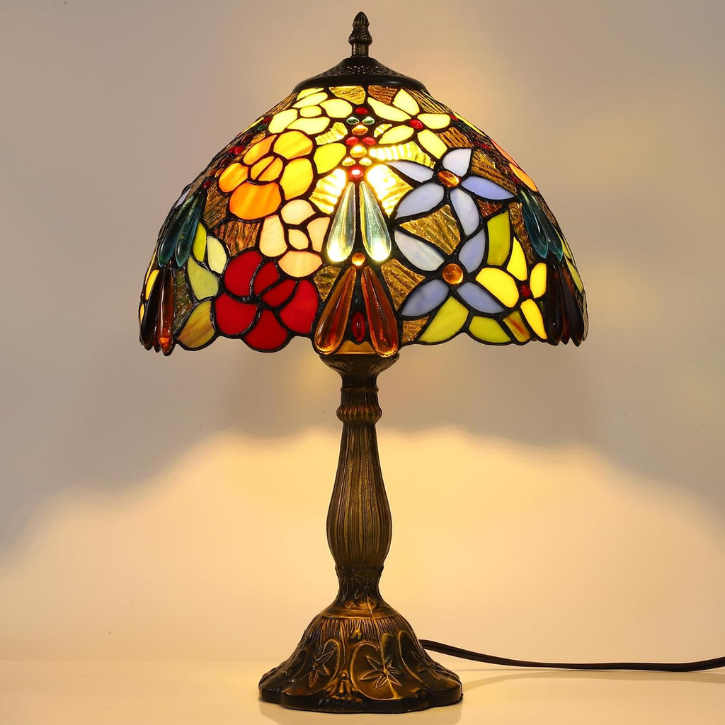 Tiffany Tall Table Lamps Bedside Nightstand Rose Flower Beads Stained Glass Table Lamp for Bedroom,Living Room,Dining Room Restaurant Hotel Desk Reading Light+LED Bulb,12X12X18 INCH