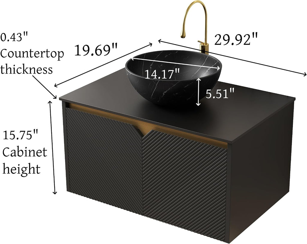 30 Inch Bathroom Vanity with Sink, Floating Fluted Vanity with Vessel Sink, Modern Bathroom Vanity Cabinet with 2 Doors, Bowl Vessel Sink & Sintered Stone Top, Black