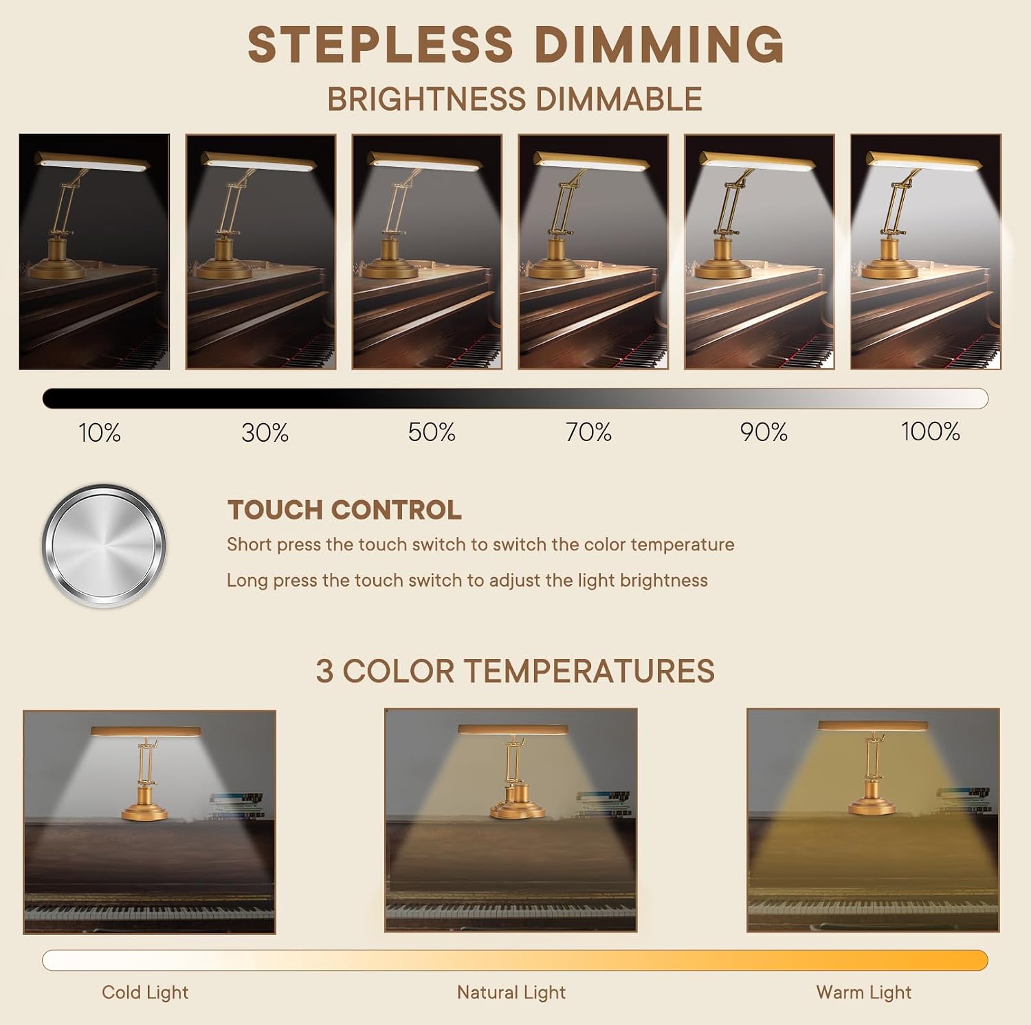 Piano Light for Grand/Upright Pianos, Vintage Piano Lamp, LED Music Stand Light with 3 Color Temperature, Stepless Dimming, Touch Control, Gold Foldable Leaning Desk Lamp for Reading, Office, Bedside