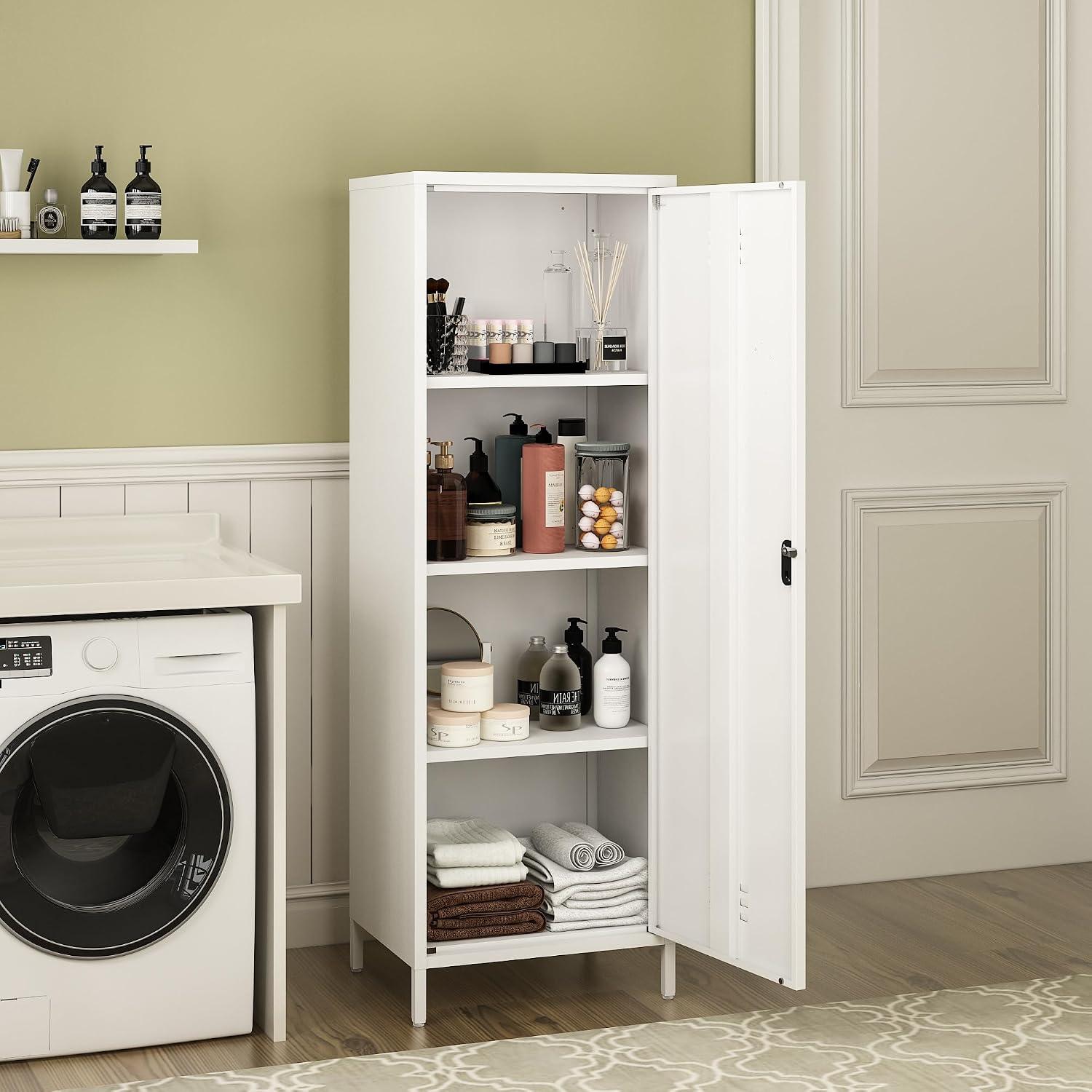 Steehoom Metal Locker Cabinet with Lock, Steel File Locker with Door and 3 Adjustable Narrow Storage Cabinet Shelves 59.06-inch high for School, Living Room, Bedroom, Office (White, H59.06'')