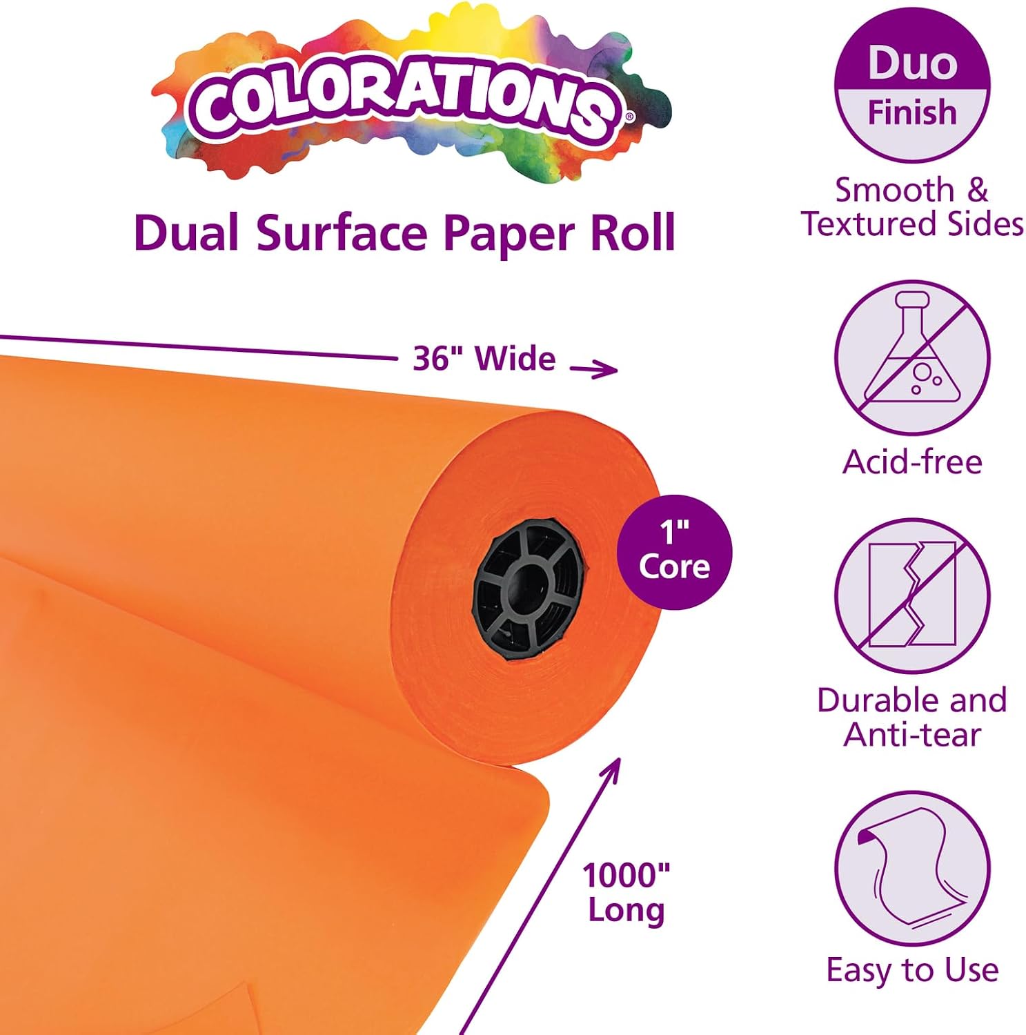 Colorations Arts and Crafts Paper Roll - Orange, Dual Surface, Finger Paints, Painting, Watercolors, Acrylic Paints, Wall Art, Bulletin Board Paper, Kids Crafts (Item # DSOR), 36' x 1000' (1 Roll)