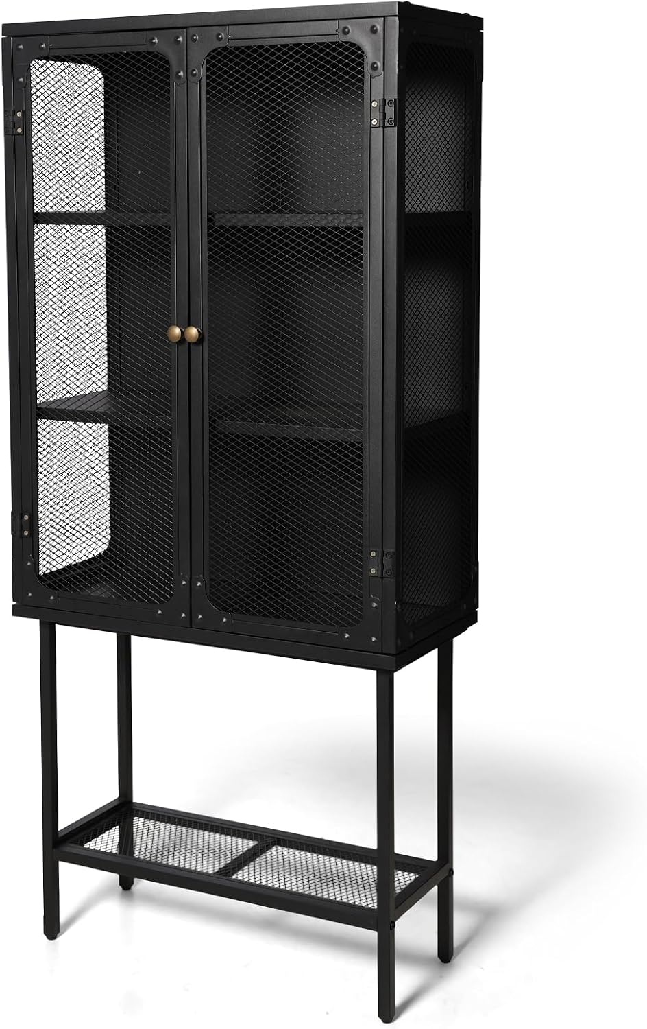 LOKKHAN Industrial Metal Display Cabinet, Black Mesh Door Storage Unit with Retro Handles, 59.1 x 27 x 12.6 Inch Tall Standing Shelving, Magnetic Holders, Adjustable Feet