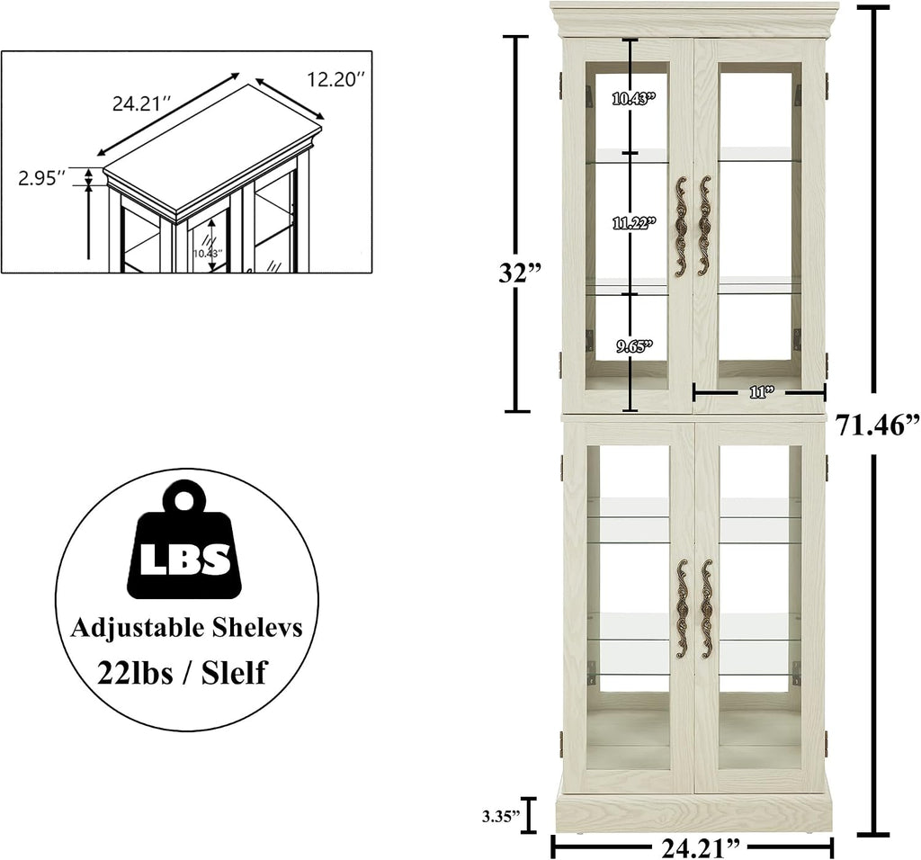 71' H Lighted Curio Cabinet Display Case, Glass Curio Cabinets with Adjustable Shelves and Tempered Glass Door, Wooden Cabinet w/Mirrored Back Pane for Living Room (Antique White)
