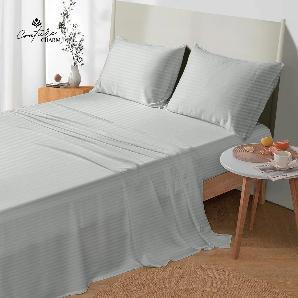 Queen Size 1000 Thread Count 100% Egyptian Cotton Sheet Set, 4-Piece, Sateen Weave, with 10-12' Deep Pocket Snug Fit (Stripe, Silver Grey)