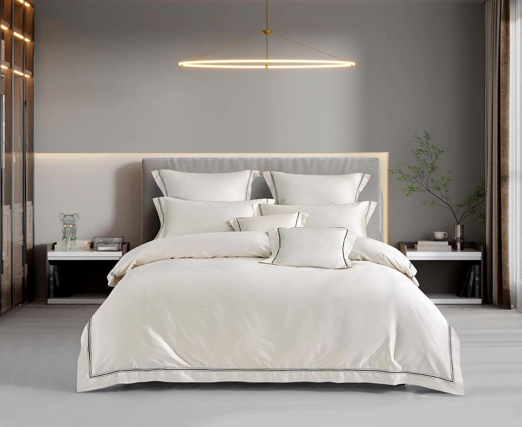3Pcs Duvet Cover Set Egyptain Cotton Champagne Lace Luxury Wedding Collection (Off White, Queen)