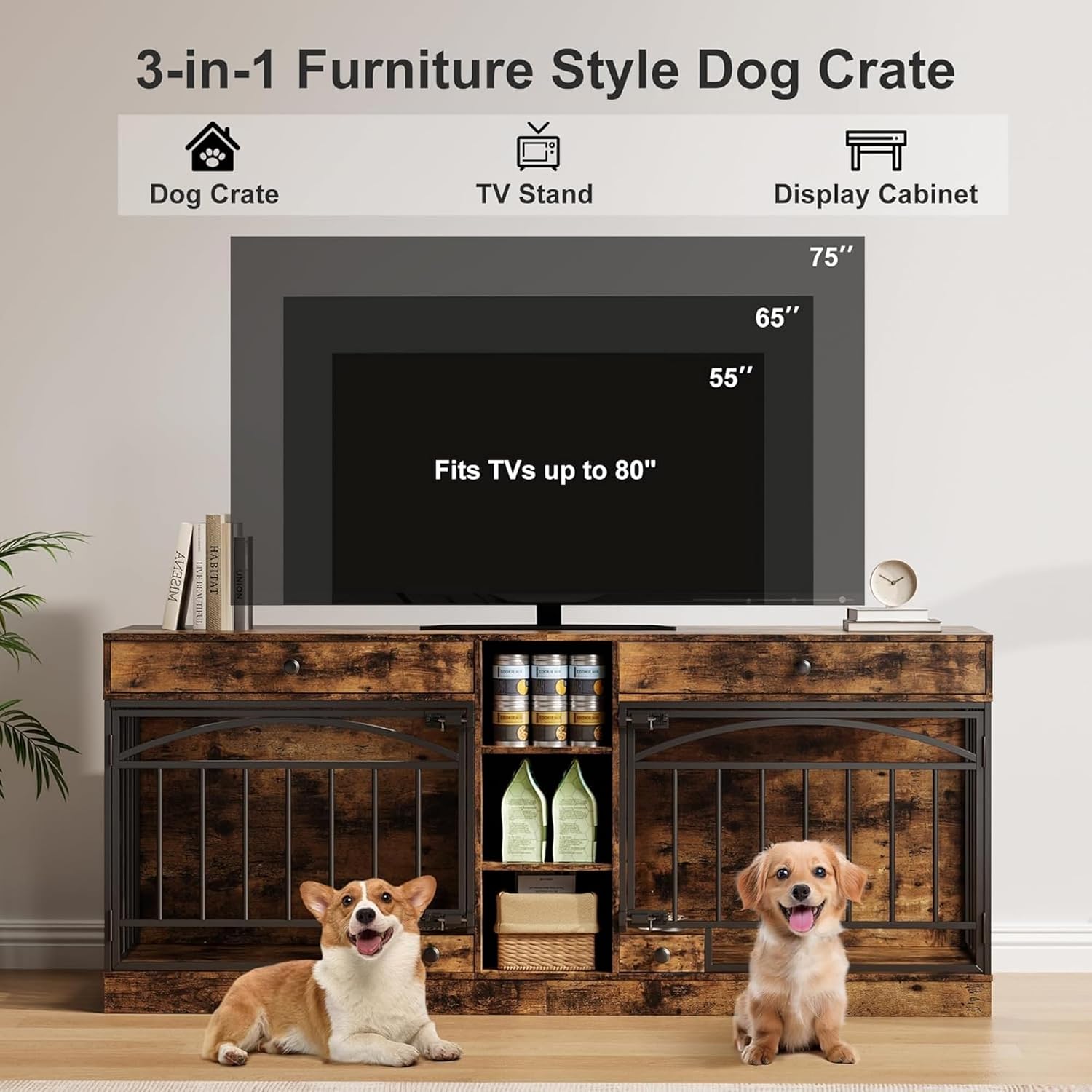 GAOMON Dog Crate Furniture for 2 Dogs, 78.7'' Large Dog Kennel Indoor with 2 Storage Drawers, 3 Shelves and Feeding Bowls, Double Dog Crate TV Stand for Small and Medium Dogs, Brown