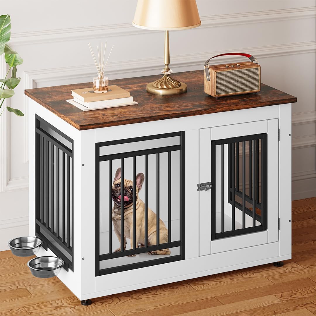 YITAHOME 35' Dog Crate Furniture, Wooden Side End Table with Adjustable Feet and Removable Bowls, Dog Kennel Indoor for Small Medium DogsV