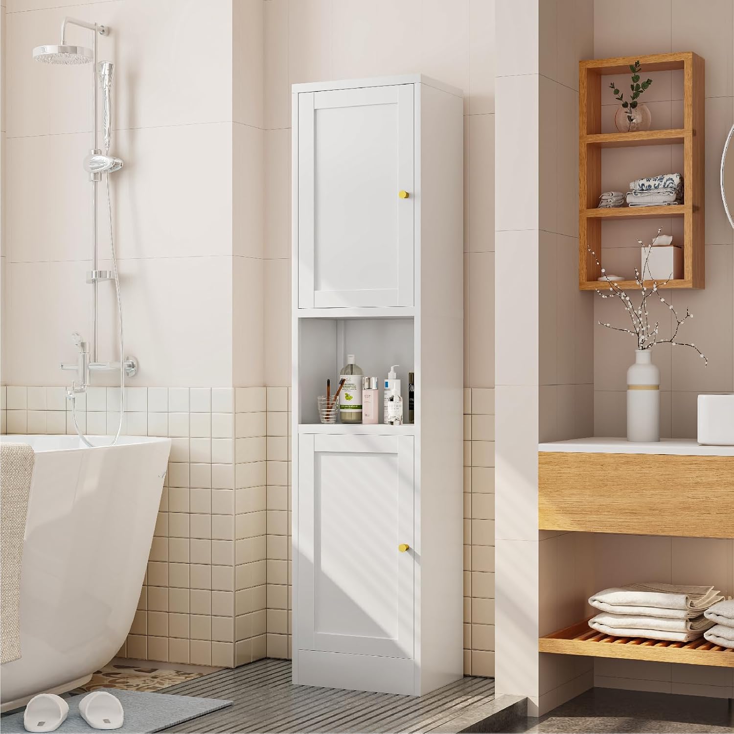 Metal Bathroom Storage Cabinet, 67' Tall Narrow Freestanding Floor Cabinet with Adjustable Shelves and Open Compartment, Slim Metal Locker for Laundry, Kitchen, Dining Room