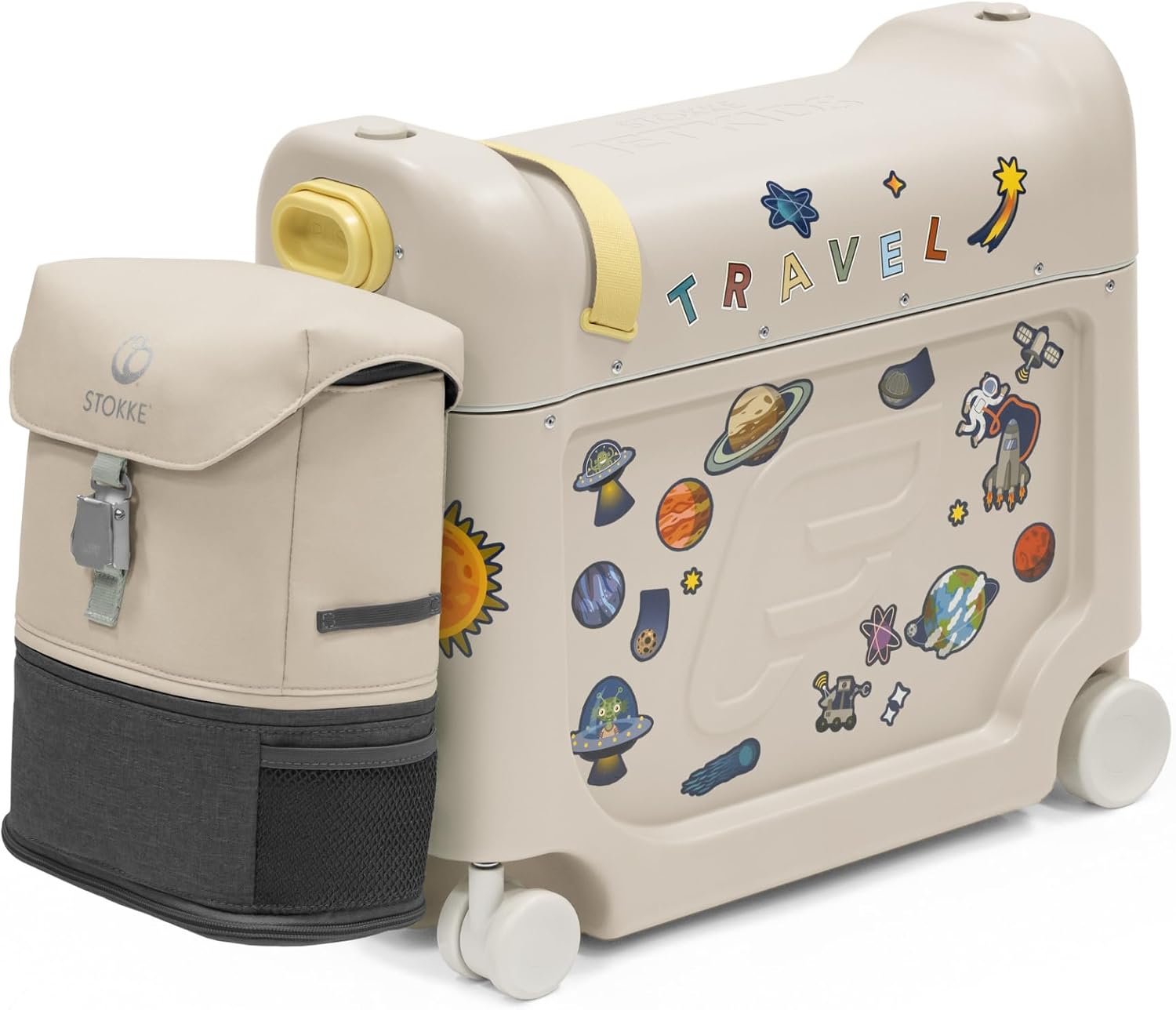 Stokke JetKids Travel Bundle, Moonglow White - Includes BedBox Ride-On Suitcase & Backpack - Best for Kids 2-7 Years Old (Up to 77 lbs)