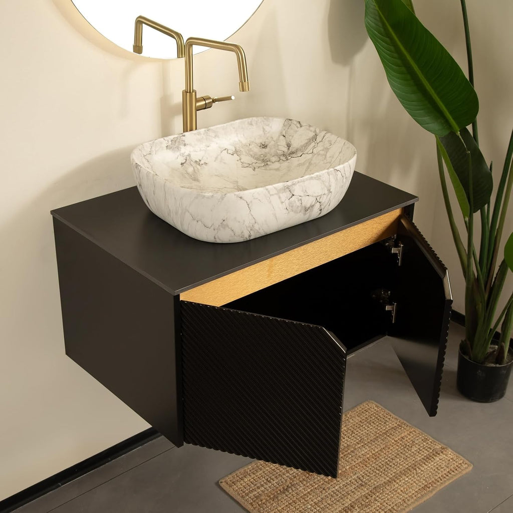 30 Inch Bathroom Vanity with Sink, Floating Fluted Vanity with Vessel Sink, Modern Bathroom Vanity Cabinet with 2 Doors, Marble Pattern Ceramic Sink & Sintered Stone Top, Black
