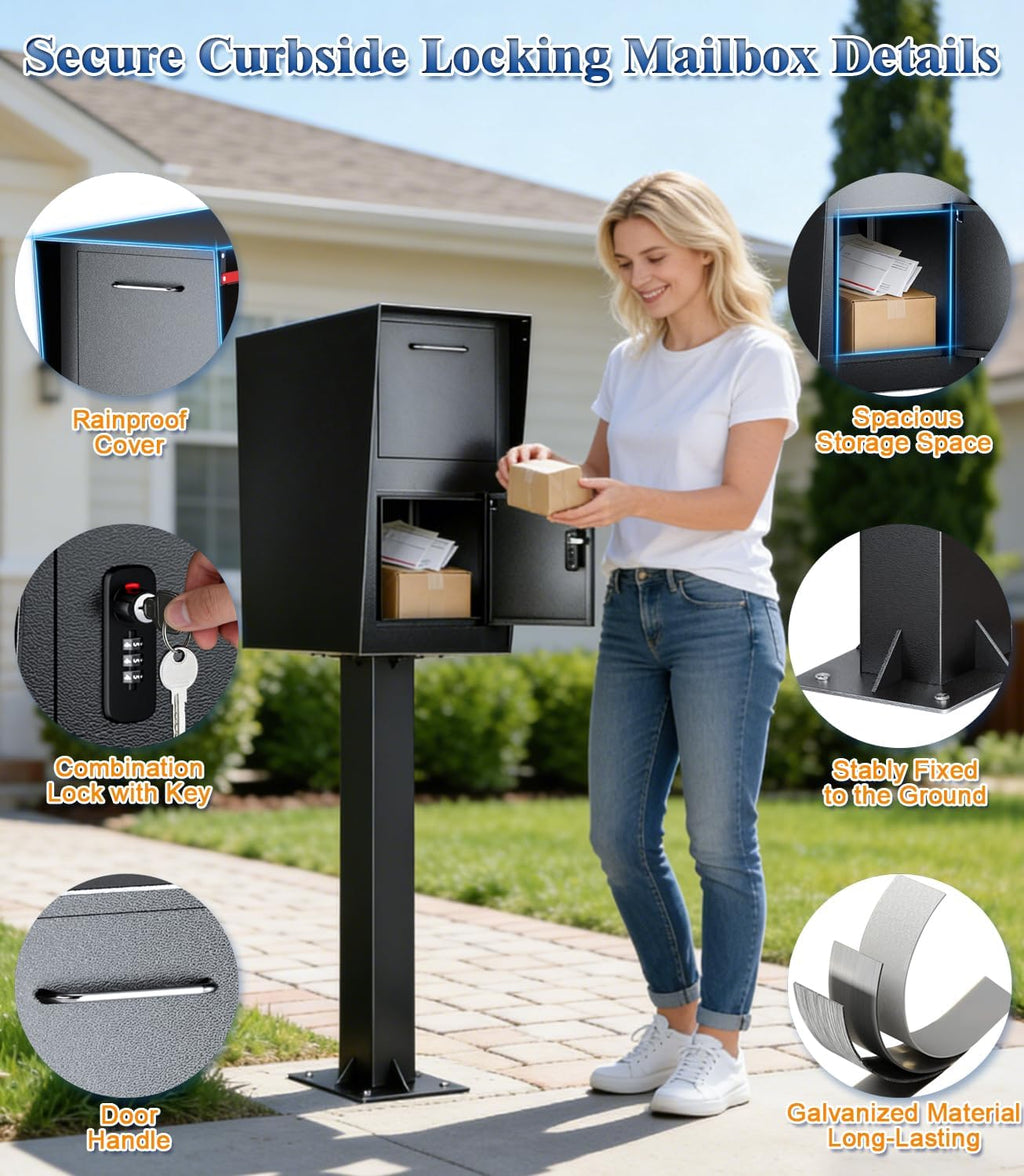 Locking Mailbox All-in-One Curbside Secure Box for Packages & Mail, Galvanized Steel Combination Lock & Key Anti-Theft Rainproof Extra Large Spacious Interior (Black, Small)