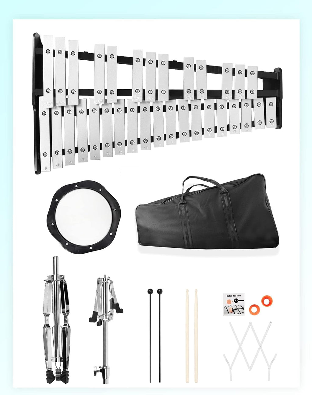 Mr.Power 32 Notes Glockenspiel Bell Kit with 8'' Practice Pad, Adjustable Height Stand, Music Sheet Clip, Glockenspiel Mallets, Drumsticks, and Carrying Bag