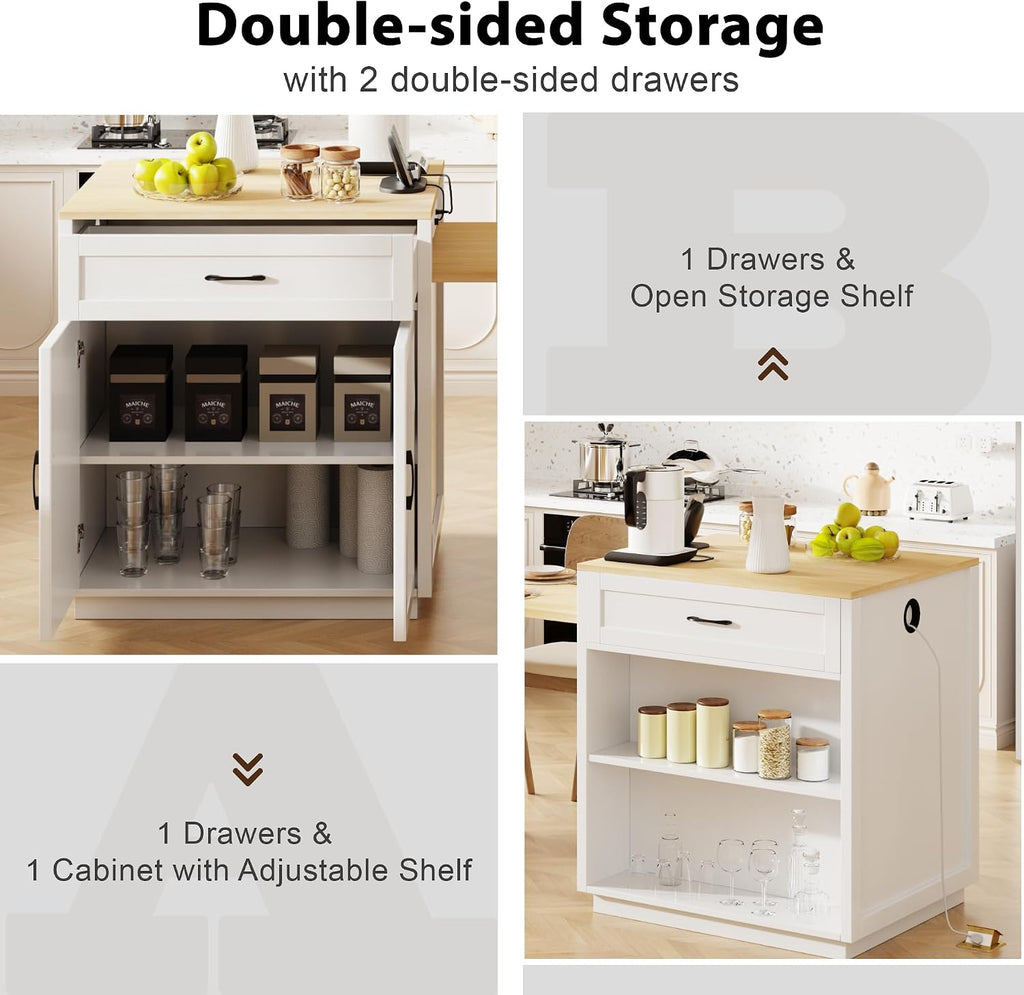 RUNNA Kitchen Island with Extendable Dining Table for 4-6 Person,Two-Tone KitchenTable, Power Outlet, Kitchen Island with Storage 2 Drawers 2 Side Open Shelves (White Oak~010)
