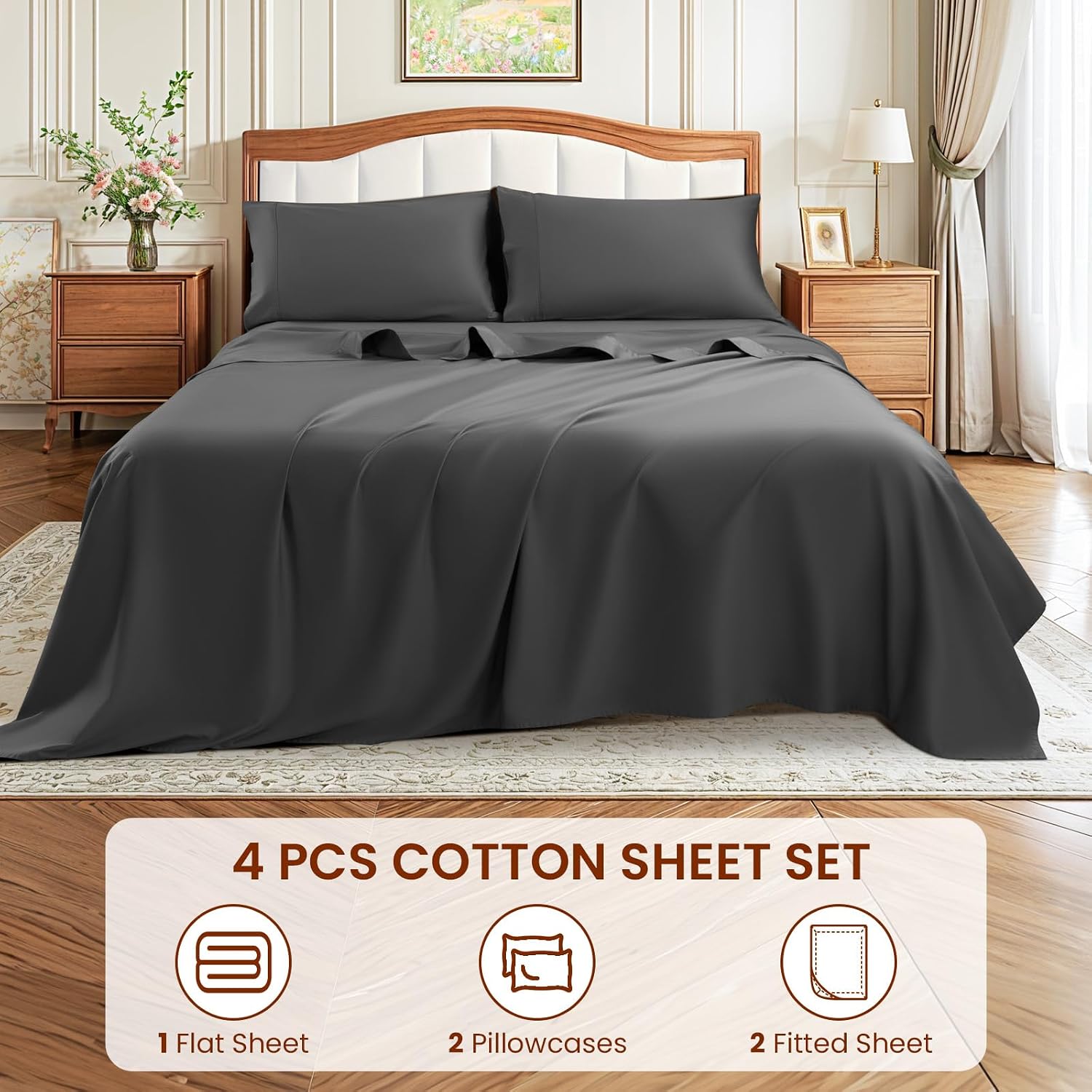 LBRO2M 1500 Thread Count Egyptian Cotton Queen Sheets Set (Dark Gray, 4 Piece)