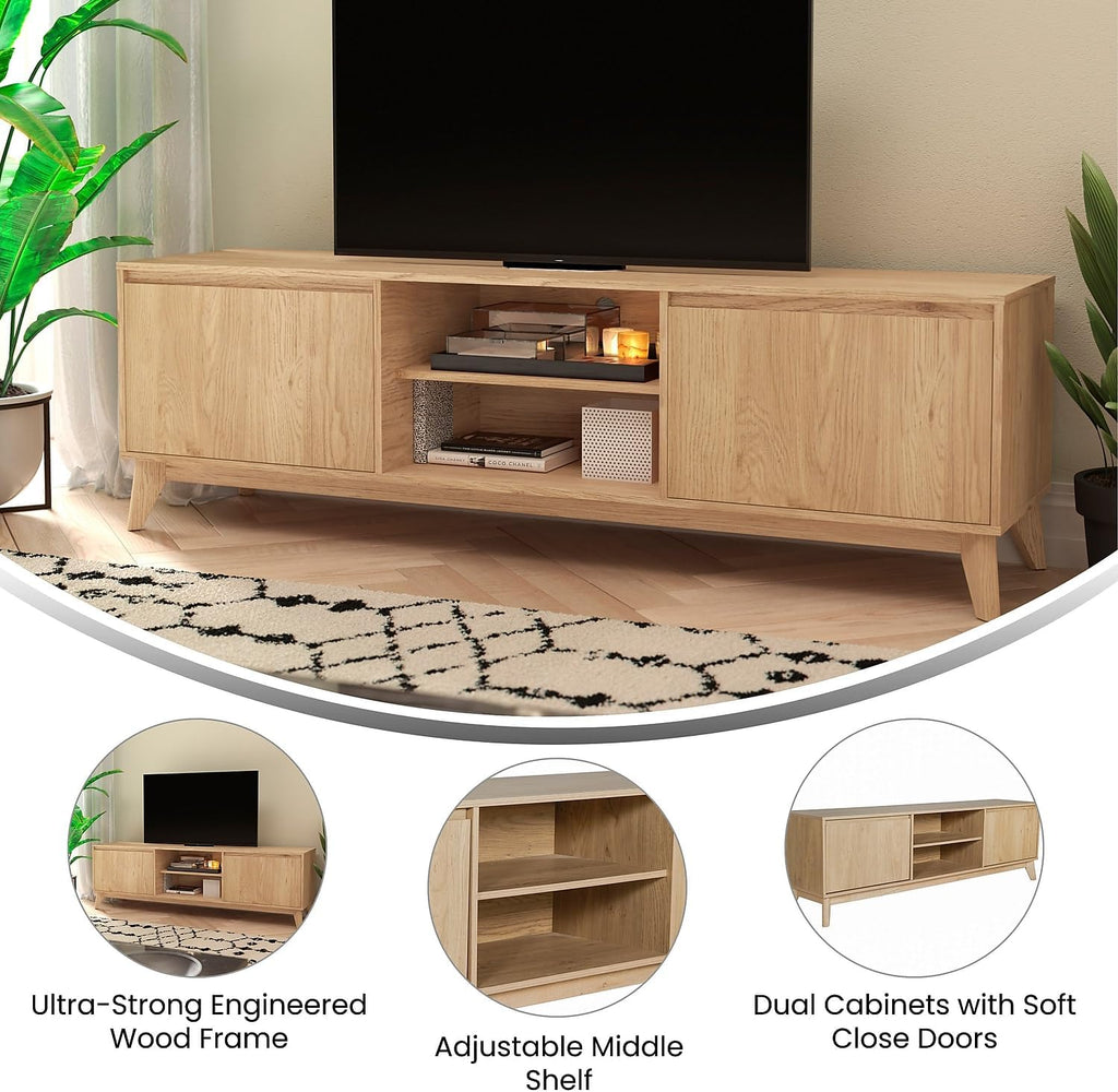 Flash Furniture Hatfield Mid-Century Modern TV Stand for 65+ Inch TV's - Light Natural Laminate Finish - 70' Media Center - Adjustable Center Shelf - Soft Close Doors