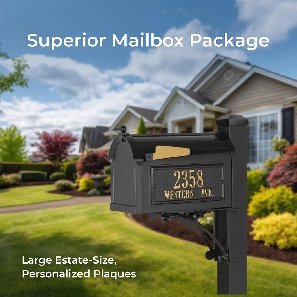 Superior Mailbox Package by Whitehall Black Large Cast Aluminum Mailbox with Decorative Post & Custom Address Side Plaques Weather Resistant Streetside Outdoor Mail Unit