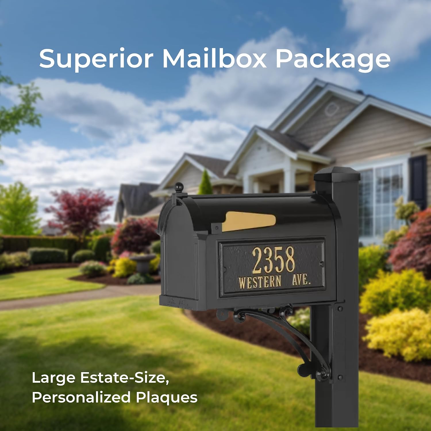 Superior Mailbox Package by Whitehall Black Large Cast Aluminum Mailbox with Decorative Post & Custom Address Side Plaques Weather Resistant Streetside Outdoor Mail Unit