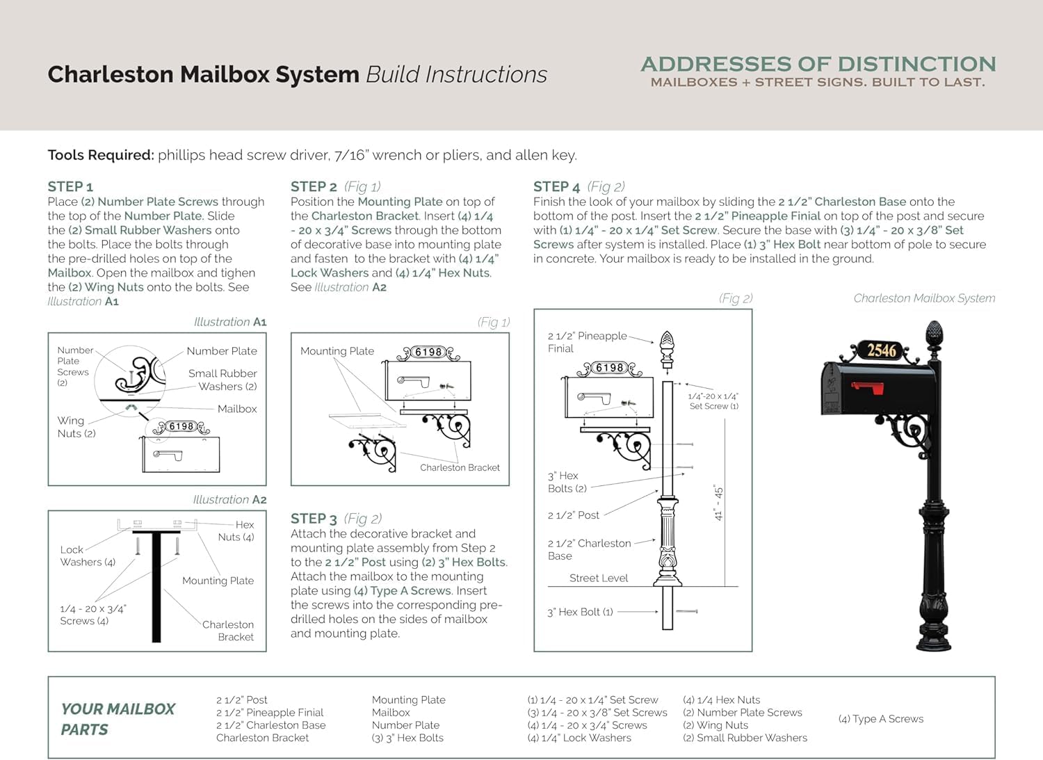 Charleston Mailbox & Post System – Black Rust Resistant Mailbox – Includes Address Plaque, Numbers, Scroll & Mounting Hardware (Standard)