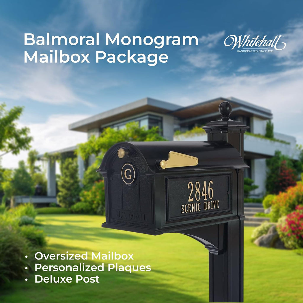 Whitehall Balmoral Monogram Mailbox with Post Black Oversized Cast Aluminum Mailbox Package with Personalized Side Plaques, Monogram Door & Weather-Resistant Deluxe Post