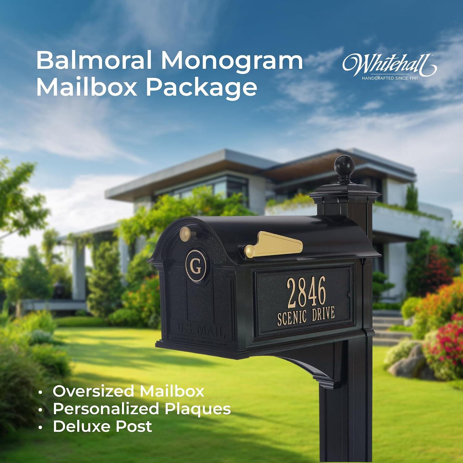 Whitehall Balmoral Monogram Mailbox with Post Black Oversized Cast Aluminum Mailbox Package with Personalized Side Plaques, Monogram Door & Weather-Resistant Deluxe Post