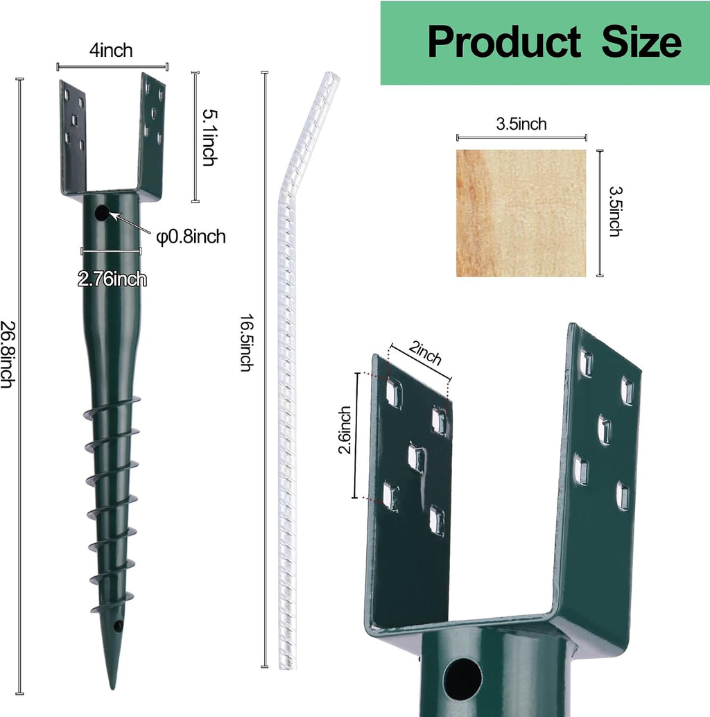 27inch No Dig Ground Screw Anchor Spike – U Shaped Post Stake for Mailbox and Fence, Includes Lag Bolts & Rebar, Fits Standard 4x4 (3.5' X 3.5' Inch) Post. 4 Pack