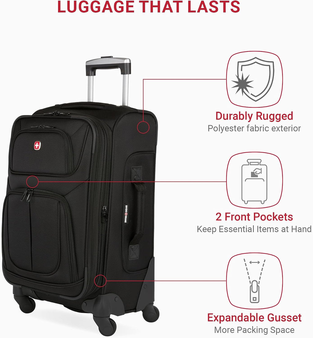 SWISSGEAR Sion Softside Expandable Spinner Luggage Durable Lightweight Travel Suitcase, Black, 2-Piece Set (Carry-On/Large)