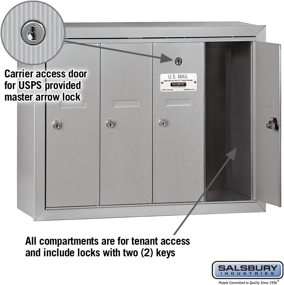 Salsbury Industries 3504ASU Surface Mounted Vertical Mailbox with 4 Doors and USPS Access, Aluminum