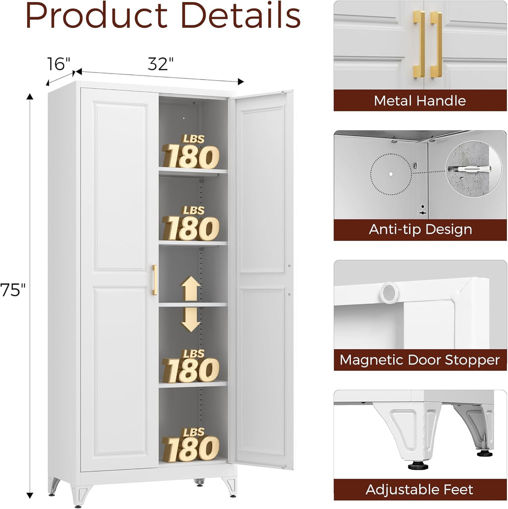 75' Kitchen Pantry Cabinet, White Metal Storage Cabinets with 2 Doors and 4 Adjustable Shelves, Tall Pantry Storage Cabinet for Kitchen, Dining Room, Living Room