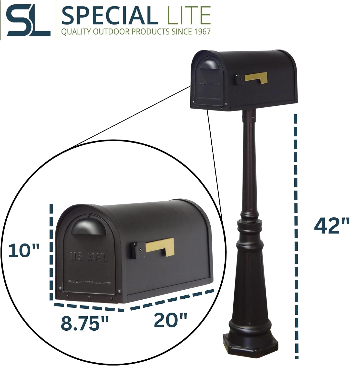 Special Lite Classic Curbside Mailbox with Tacoma Post - Black Aluminum Mailbox with Post - SCC-1008_SPK-591-BLK