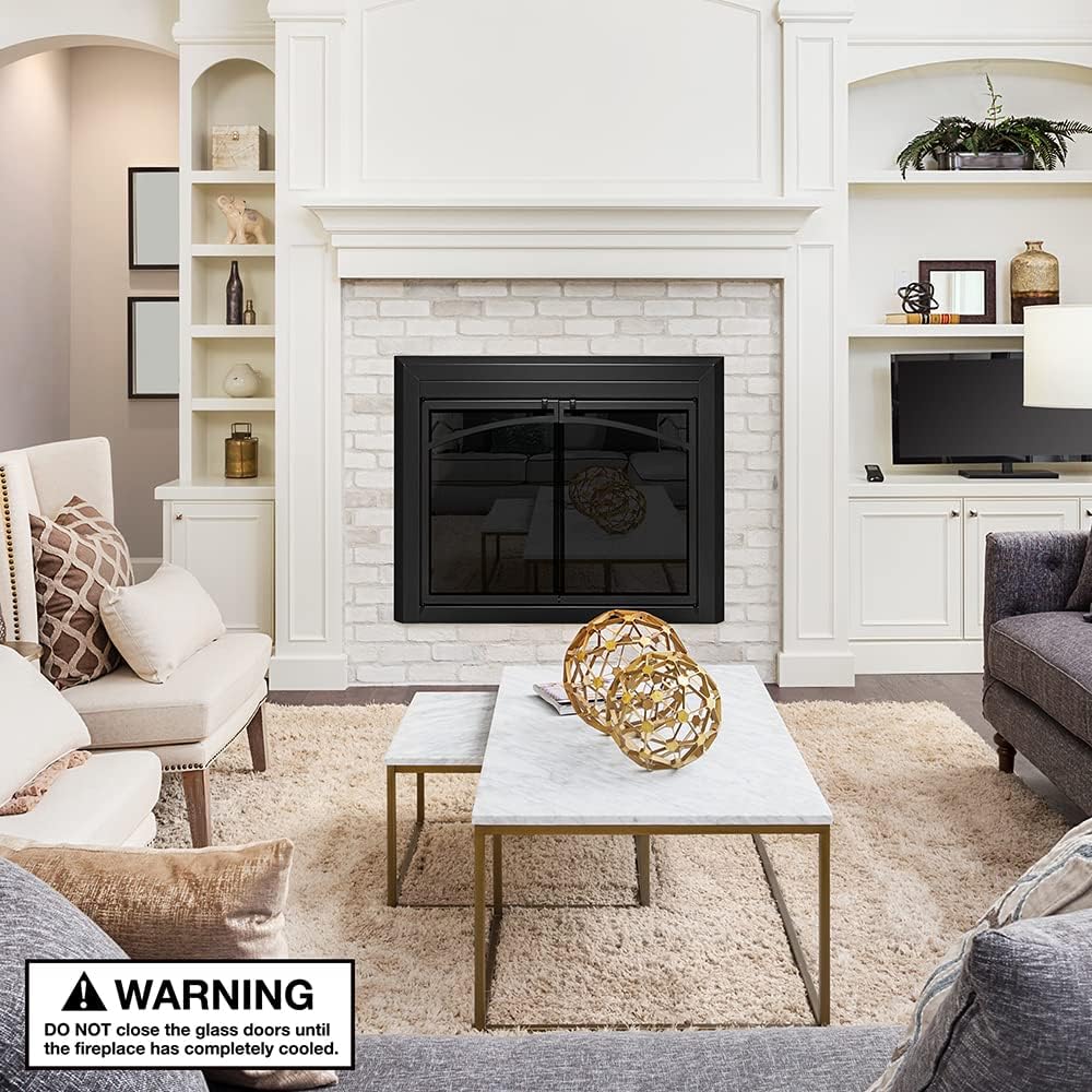UniFlame - Gerri - Cabinet-Style Fireplace Doors with Smoke Tempered Glass (Color: Black, Size: Medium - Fits Opening 30in to 37in W x 25.5in to 32.5in H)