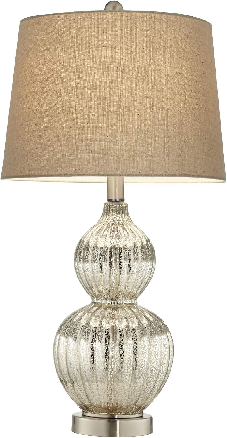 Regency Hill Lili Table Lamps 25' High Set of 2 Fluted Mercury Glass Brushed Silver Metal Double Gourd Drum Shade Decor for Living Room Bedroom House Bedside Nightstand Home Office