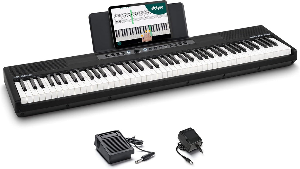 Alesis Recital Pro MKII 88-Key Digital Piano with Weighted Hammer-Action Keys, Speakers, 25 Sounds, USB MIDI and Audio, Sustain Pedal, Skoove and Melodics Piano Lessons