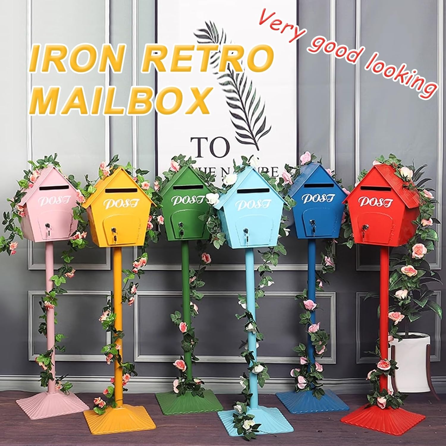 Key Drop Box Wall Mount Mailbox Mailboxes for Outside Wall Mount, Metal Mailbox, Complete System with Steel Mailbox and Aluminum Post Included(Light Blue)