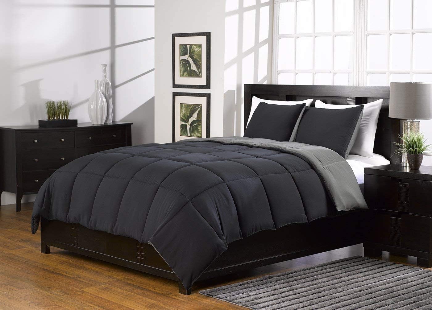 500 TC Solid Down Alternative 3 Piece Reversible Comforter Set - 100% Egyptian Cotton Solid-Queen Size-Black/Gray