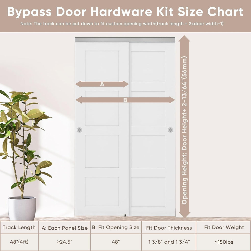 JUBEST 4FT/48 Heavy Duty Bypass Door Hardware with Soft Close Mechanism, Sliding Closet Door Hardware Set for 2 Door System, Smoothly and Quietly, Fit Door Thickness 1 3/8' or 1 3/4', Easy to Install