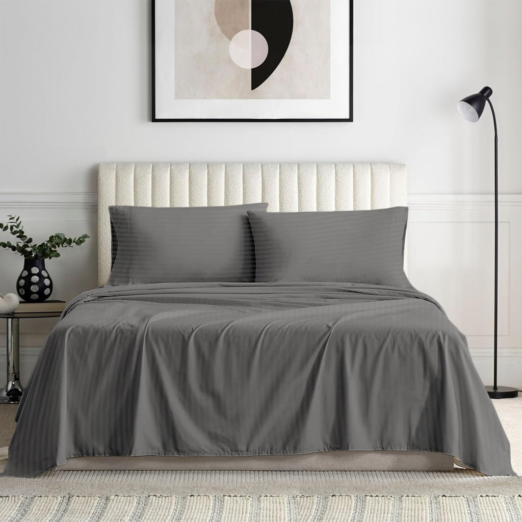 1000 Series - 100% Egyptian Cotton Sheet Set Soft & Comfy Breathable Hotel Quality Luxury Bedding - Fits Mattress Up to 18-20' Deep (Queen Size Stripe, Grey)