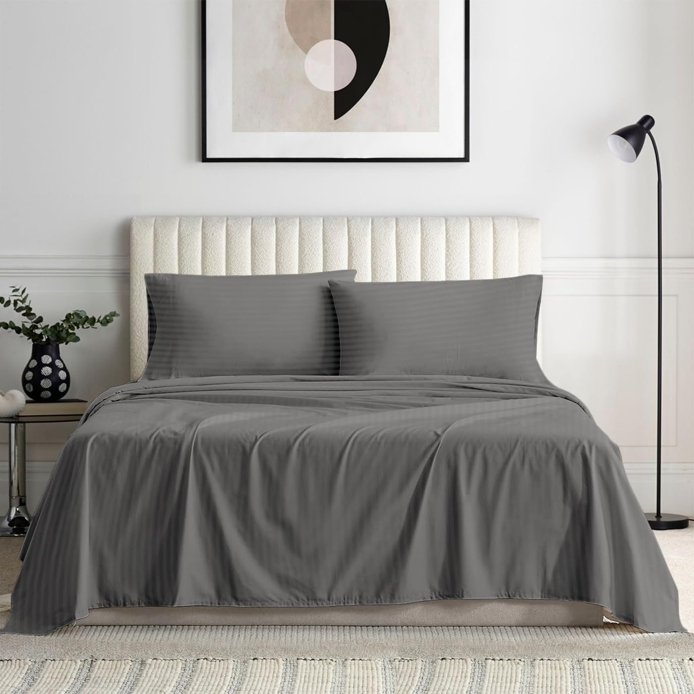 1000 Series - 100% Egyptian Cotton Sheet Set Soft & Comfy Breathable Hotel Quality Luxury Bedding - Fits Mattress Up to 18-20' Deep (Queen Size Stripe, Grey)