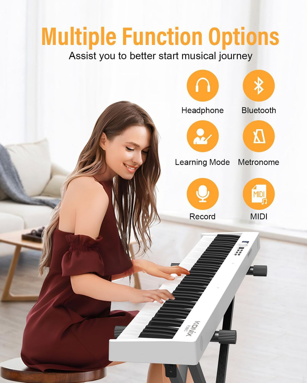 KONIX Folding Piano Keyboard, 88 Key Full Size Semi Weighted Foldable Keyboard Piano, Portable Bluetooth Electric Piano with Sheet Music Stand, Sustain Pedal and Piano Bag, White